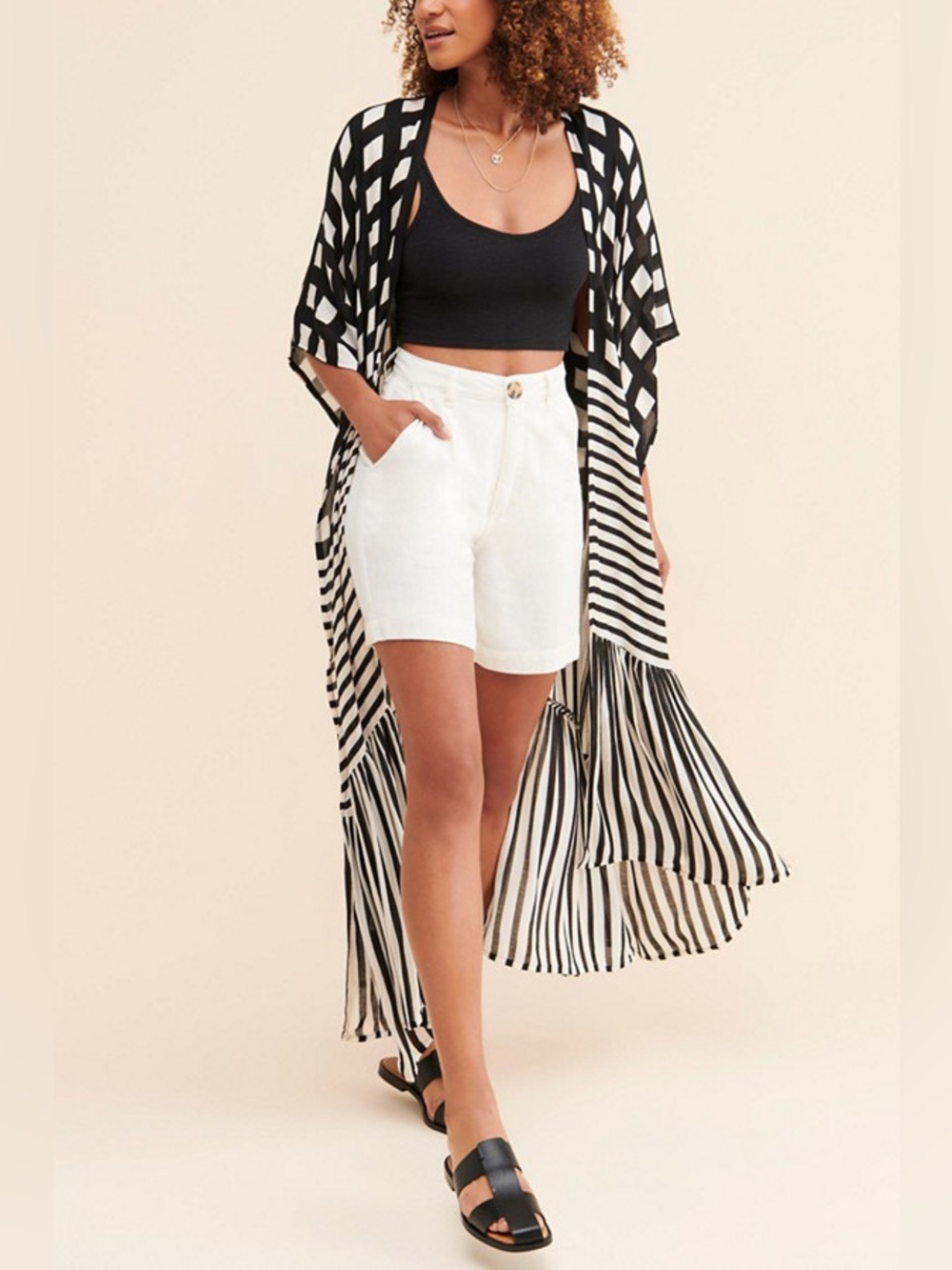 Free People Kenna Ruffle Trim Duster Black White boho pleated tiered flowy chic